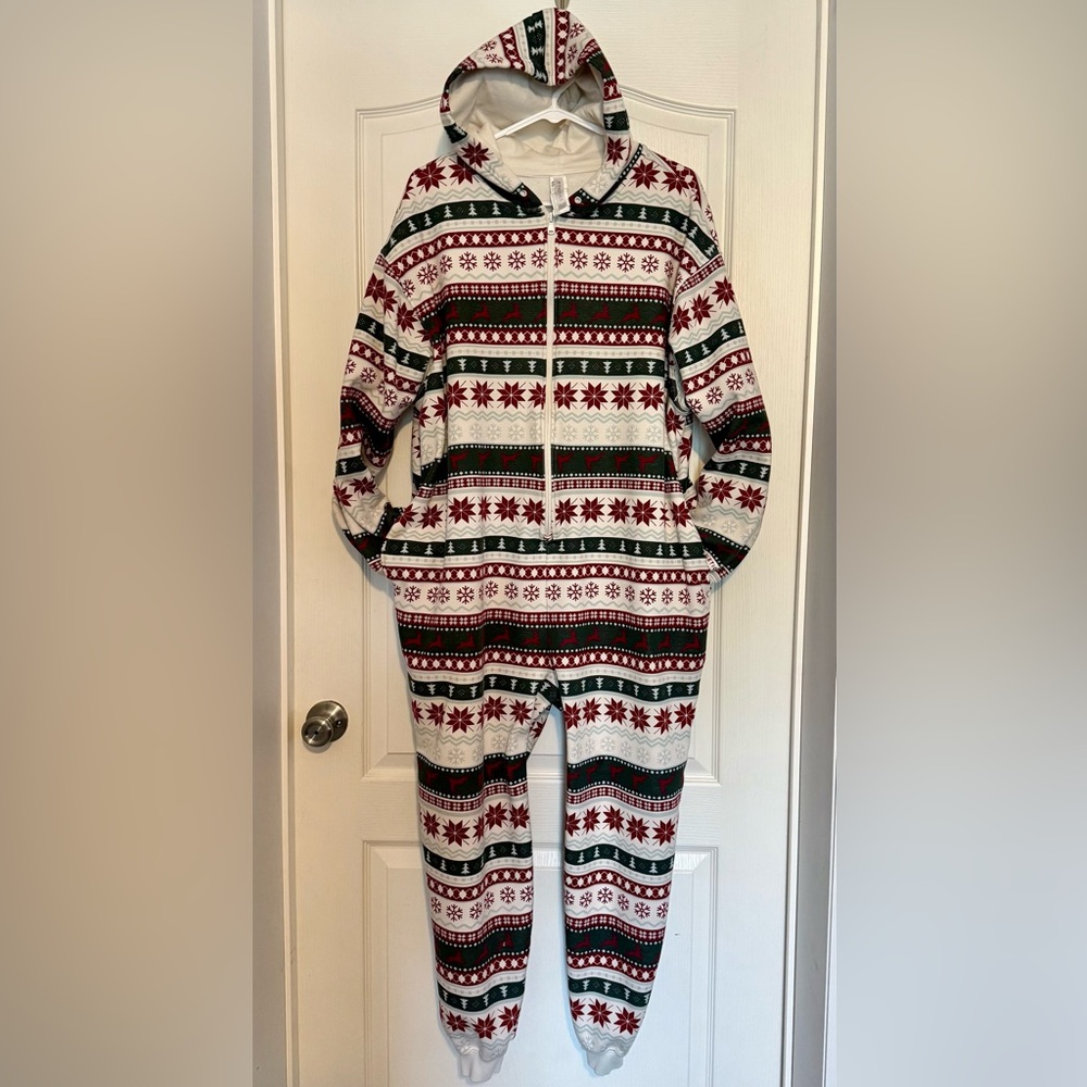 Fabletics Red Green Patterned Fleece Hooded Onesie Plus XXL-1X Christmas